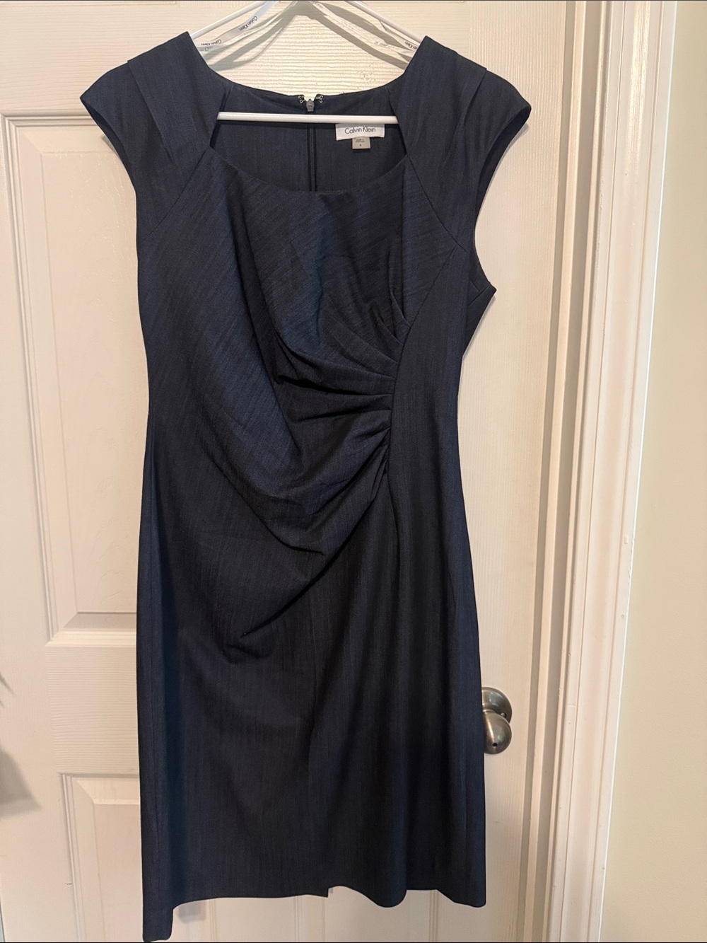 Calvin Klein Dark Navy Draped Cap-Sleeve Midi Dress